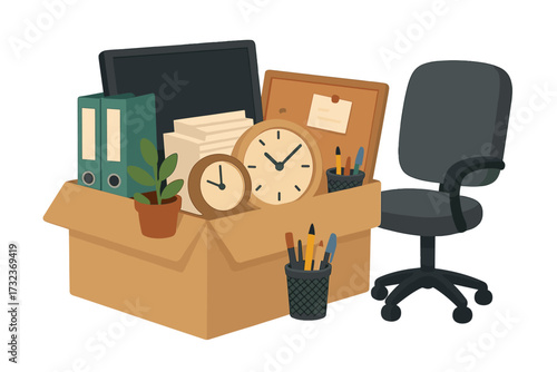 Moving to new office concept. Cardboard box with accessories and chair. Relocation, career change, new job, unemployment, dismissal vector. Fresh start metaphor illustration.