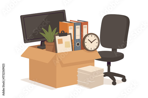 Office moving day concept. Job change, getting fired, unemployment, or career promotion. Box with personal belongings. Relocation. Last day at work. Packing office supplies.