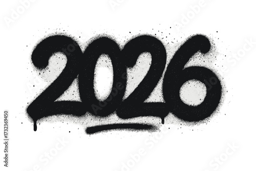 Happy New Year 2026 graffiti vector. Urban street art style number with black spray paint texture. Grungy, vintage aerosol font illustration for festive celebration design.