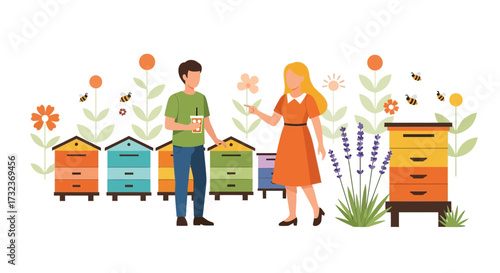 A charming apiary scene with beekeepers tending to colorful hives amidst blooming flowers