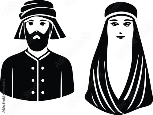 Traditional middle eastern couple depicted in a classic black and white drawing style cultural representation