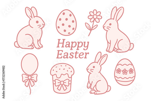 Happy Easter vector line art set. Cute coquette style collection with bunnies, decorated eggs, cake with bow, balloon, and daisy flower. Pink vintage contour illustration.