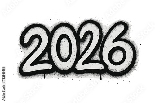 Number 2026 for Happy New Year. Urban graffiti style lettering. Black spray paint texture. Vintage grungy vector illustration. Street art aerosol tag with drips and splatters.