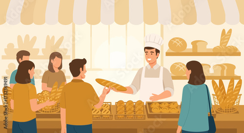 A charming cartoon illustration of a bakery scene with customers buying fresh bread and pastries