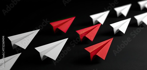 Free Download Red paper airplanes lead white ones on black background, concept of leadership and innovation - GFXLoad