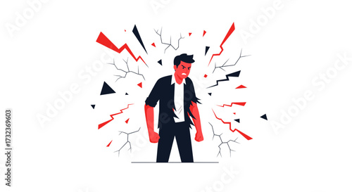 A frustrated and angry man with a red face and clenched fists expressing emotion