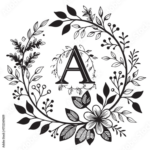 Letter a monogram surrounded by a delicate floral wreath isolated on white background for personalized stationery and branding