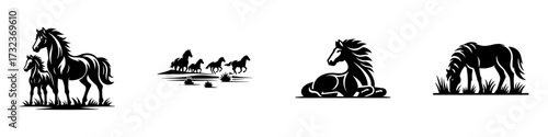 Modern Minimalist Wild Mustang Icon, Flat Silhouette of a Full Body Horse Standing with Its Calf Vector for Wildlife Illustration Design