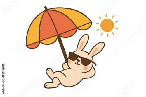 Cute rabbit in sunglasses sunbathing under a sun umbrella. Funny bunny character relaxing on a summer beach vacation. Adorable hand drawn flat vector animal illustration.