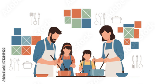 A happy family cooking together in the kitchen creating a delicious and memorable meal with love