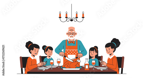 A heartwarming family Thanksgiving dinner illustration featuring grandfather and granddaughters