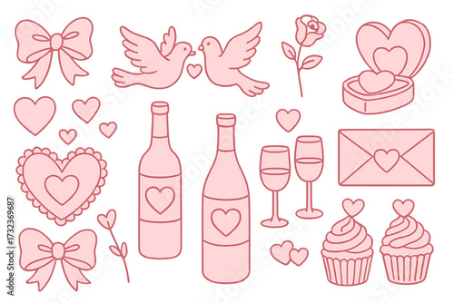 Valentine's Day cute linear clipart collection. Pink girly coquette y2k aesthetic set. Romantic love doodle icons with wine bottle, doves, cupcakes, hearts, bows, and rose.