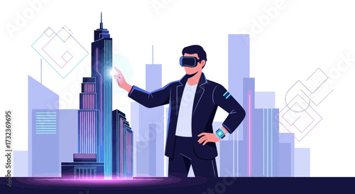 A man in VR interacting with a digital skyscraper in futuristic cityscape concept