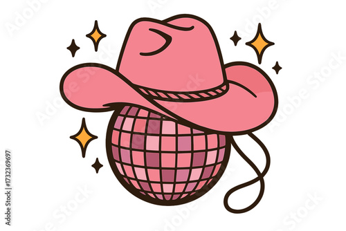 Retro pink cowgirl hat on a disco ball. Groovy disco cowboy western theme. Wild west bachelorette party concept. Space cowgirl vector for t-shirt, sticker design.