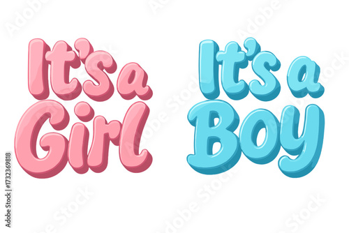 It's a girl and It's a boy 3d vector lettering set. Baby shower and gender reveal party design elements. Pink and blue bubble typography for newborn announcement.