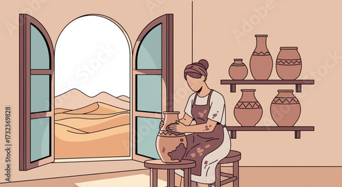 A serene pottery session with a desert view showcasing creativity and craftsmanship in a peaceful