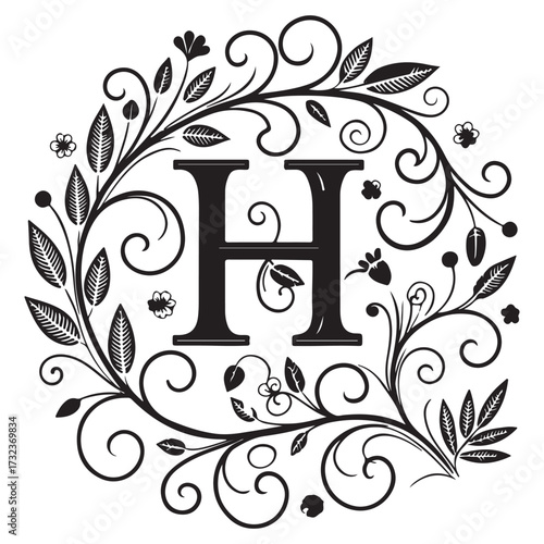 Letter h monogram with ornate floral wreath isolated on white background for custom stationery and elegant design projects