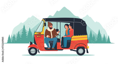 A vibrant auto rickshaw adventure through scenic mountain landscapes and travel fun filled with