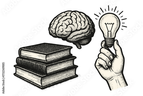 Concept of knowledge, education and wisdom. Brain, books and hand holding light bulb. Metaphor for learning, study and intellectual development. Creative idea and inspiration.