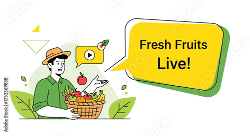 A vibrant illustration of a farmer promoting fresh fruits live with organic produce