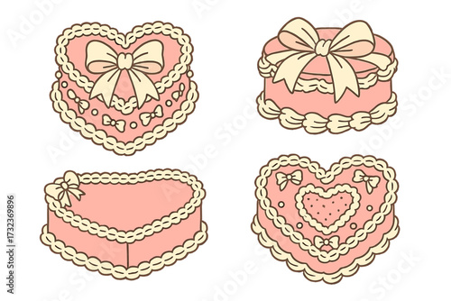 Coquette cakes set in vintage line art style. Pink heart cake collection with retro cream decorations, bows, and pearls. Cute girly dessert clipart for Valentine's, birthday.