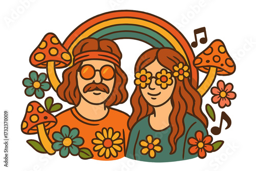 Retro 70s psychedelic print with groovy hippie couple. Trippy vector illustration with magic mushrooms, flowers, and a rainbow. Flower power, peace and love concept design.