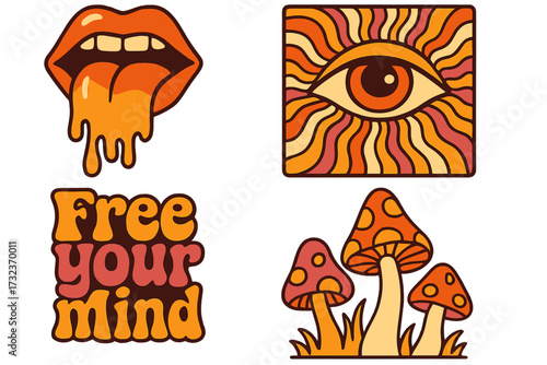 Groovy 70s psychedelic vector art set. Retro hippie illustrations with melting mouth, trippy eye, magic mushrooms, and 'Free Your Mind' lettering. Vintage sticker pack.