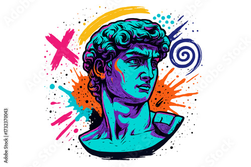 Pop art bust of David. Michelangelo statue head in vibrant graffiti street art style. Classic renaissance sculpture meets modern abstract art. Colorful paint splatters.