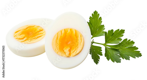 Halved hard boiled egg with parsley isolated on transparent background