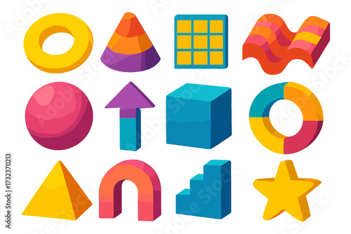 Universal trendy 3d geometric shapes set. Bright bold textured figures. Modern abstract brutalism elements. Y2K retro vector cartoon illustration collection isolated on white.