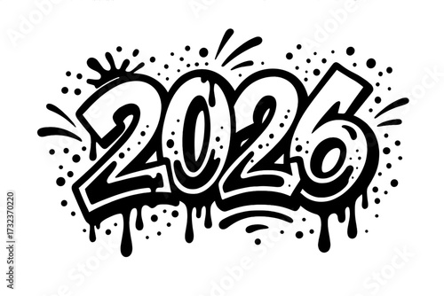 2026 New Year date in urban graffiti street art style. Black and white number with liquid drops and splash effects. 90s hip hop typography for poster, sticker, print. Vector.