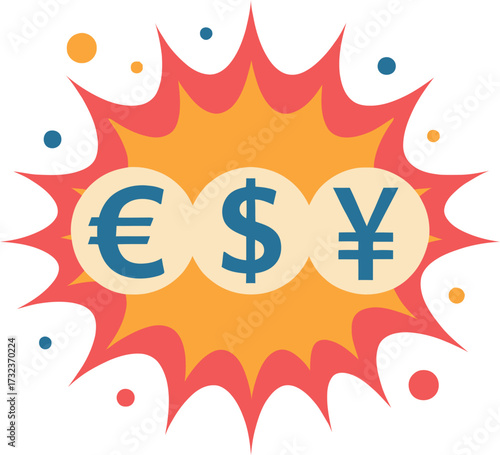 Economic recession Global currency symbols (Euro, Dollar, Yen) in an explosion, indicating financial crisis and market volatility concerns
