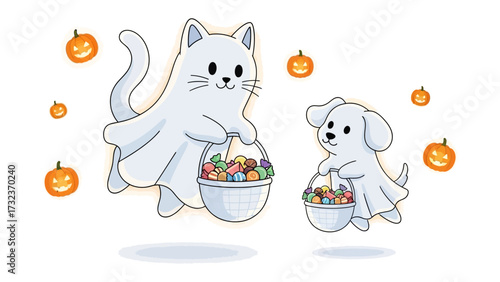 Halloween Friends: A cartoonish cat and dog, dressed as ghosts and holding candy baskets, float playfully amidst floating pumpkins, evoking the essence of spooky festivities. 