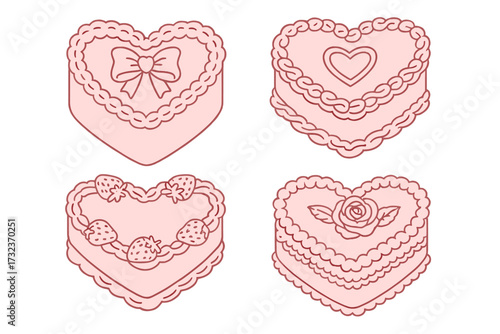 Vintage pink heart-shaped cakes set, coquette style, flat contour vector illustration with hand-drawn bakery desserts, strawberries, bows, roses, romantic Valentine’s Day sweets
