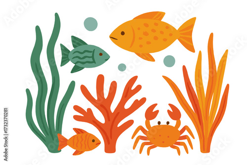 Vintage summer underwater scene with hand-drawn fish, coral, seaweed, and crab. Abstract naive print design for sea theme, vacation, holiday, ocean wildlife vector graphic.