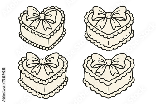 Vintage heart cakes set with coquette bows, retro hand-drawn sweets collection, outline doodle style, cartoon vector illustration, transparent background, ordered sweet dessert set