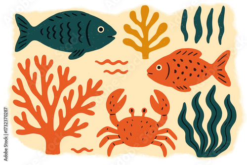 Vintage summer underwater concept poster or card with naive abstract hand-drawn fish, coral, seaweed, crab, marine life, ocean theme, summer holidays, vacation travel vector art
