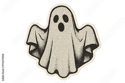 Vintage halftone white sheet ghost Halloween illustration, dotted retro 90s zine style, mixed media collage paper sticker, spooky cartoon vector with textured effects