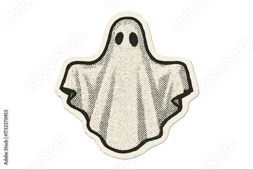 Vintage Halloween ghost illustration, halftone dotted retro style, white sheet ghost sticker, mixed media collage, 90s zine art, cartoon vector paper cutout design, spooky cute character