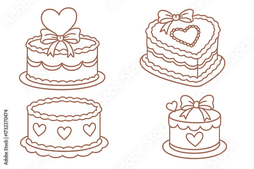 Vintage coquette cakes set outline clipart, hand-drawn line art of romantic heart adorned cakes, elegant vintage wedding and birthday sweets, Valentine’s Day dessert collection, pink love theme vector