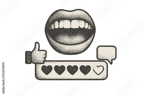 Vintage halftone vector of customer feedback concept. Features mouth, like, comment icons, and heart rating bar. Social media review, satisfaction, and user experience.