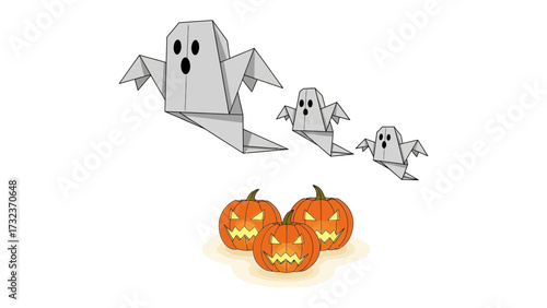 Spooky Season: A group of origami ghosts drift hauntingly above three carved jack-o'-lanterns. A creative display, evoking a feeling of whimsical fright.