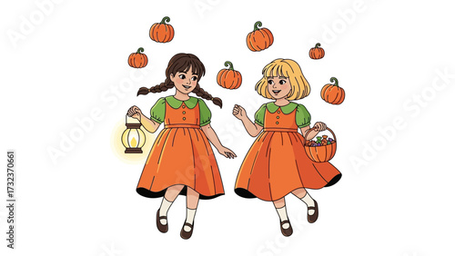 Autumn Gathering: Two young girls with basket and lantern, gather around with many pumpkins in a vibrant fall scene, evoking a sense of autumn wonder.