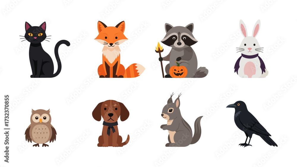 Naklejka premium Feline Friends' Gathering: A collection of diverse cartoon animals includes, cat, fox, raccoon, rabbit, owl, dog, squirrel, and raven, embodying the whimsical charm of illustrative artwork.