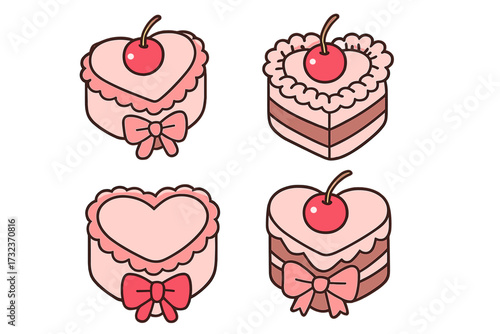 Coquette aesthetic set of heart shaped cakes with cherries and bows. Hand drawn vector illustration for Valentine's day. Cute pink romantic dessert, sweet pastry collection.