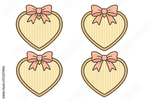 Set of coquette aesthetic heart frames with bows. Vintage vector tags with pink ribbon bowknot. Girly striped background for greeting card, label or Valentines day design.
