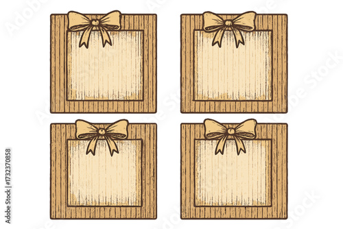 Set of square vintage frames with bow. Hand drawn vector illustration with grunge texture. Retro border for card, invitation, wedding, party decoration, or gift tag.
