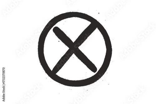 Graffiti spray cross in a circle. Hand-drawn textured punk symbol. Stencil aerosol art. Prohibited sign, grunge doodle icon. Abstract scribble shape. Vector illustration.