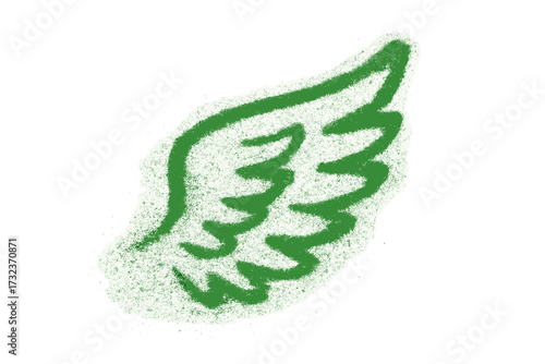 Green spray painted graffiti wing. Textured grunge street art element. Vector illustration of an urban aerosol stencil art wing isolated on white background. Freedom concept.