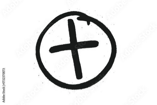Graffiti spray cross in circle icon. Hand drawn punk plus sign with texture. Abstract doodle symbol for street art. Urban grunge scribble element. Vector bold creative shape.